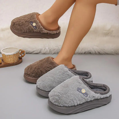 Thick Sole Plush Winter Slippers for Women Indoor House Chunky Platform Fluffy Slippers Woman Non Slip Warm Couples Cotton Shoes