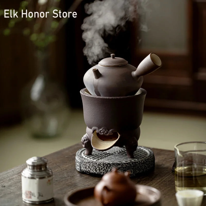 Handmade Pottery Carbon Charcoal Furnace Vermilion Style Olive Wood Boil Water Stove for Tea Kettle Household Kung Fu Teaware
