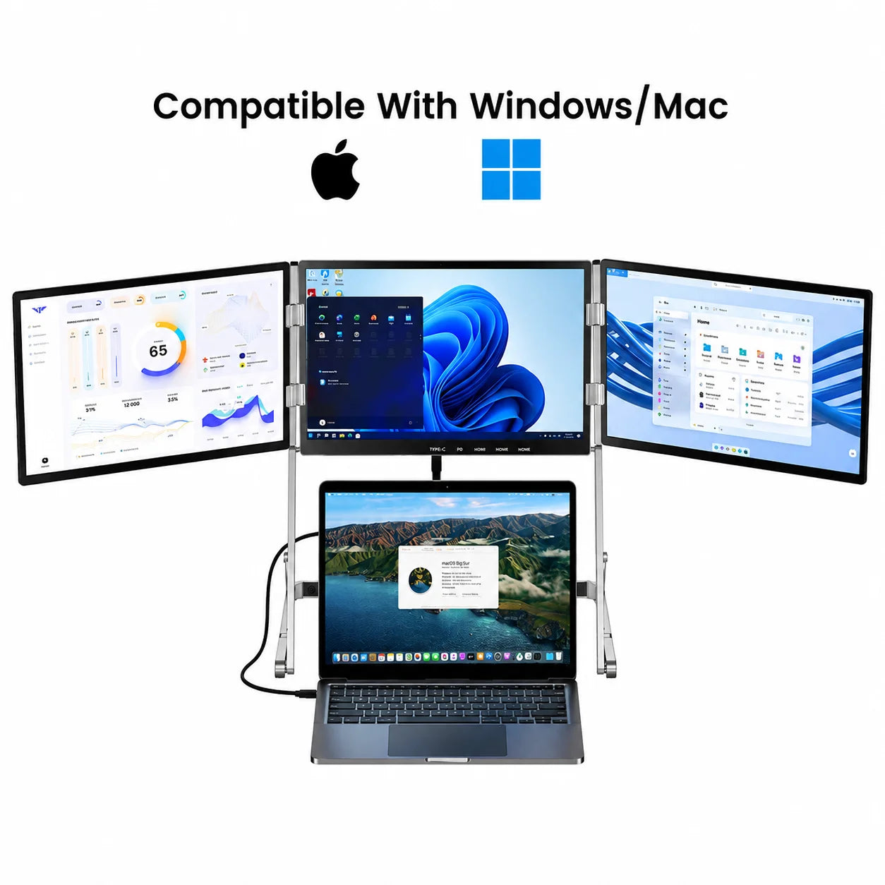Sibolan 16" 2.5K Three Screen Portable Monitor 60Hz 100% sRGB Metal Body HDMI USB-C Plug Laptop Display Extender For Wins Mac OS
