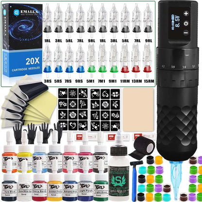 Professional Wireless Tattoo Kit 7 Stroke Tattoo Machine Sets EMALLA Cartridge Needles Transfer Paper Skins for Tattoo Beginners