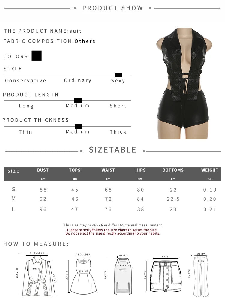 Sisterlinda Backless PU Bandage 2-Piece Set Women Hipster Low Chest Lapel Halter Tank Top+Shorts Sexy Street Midnight Clubwear