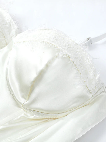 Women White Lace Trim Corset Mini Dress Sexy Sweetheart Neck Spaghetti Strap Slit Hem 2026 Summer Leisure Nightclub Party Wear