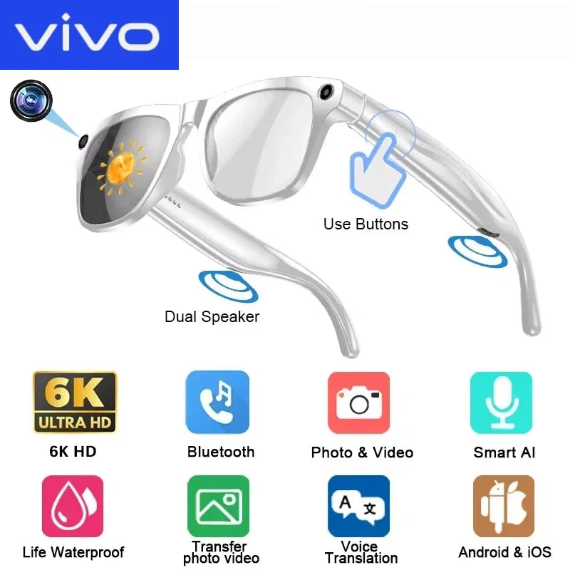 VIVO 6K HD AI Smart Glasses Photochromic Multifunction Bluetooth Calling Voice Assistant Music Player Translate Camera 2026 HOT