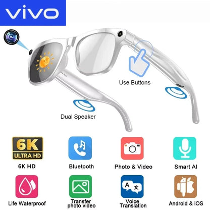 VIVO 6K HD AI Smart Glasses Photochromic Multifunction Bluetooth Calling Voice Assistant Music Player Translate Camera 2026 HOT