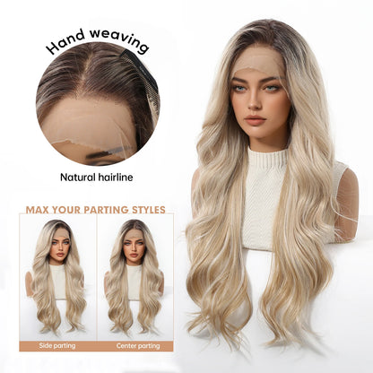 EASIHAIR Long Wavy HD Lace Front Synthetic Wigs for Women Natural Wave Blonde Wigs With Dark Roots 13*6 Lace Wigs Heat Resistant
