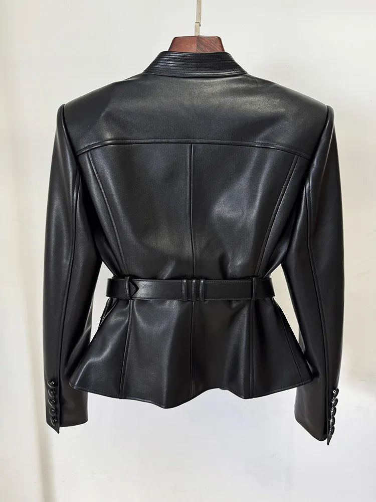 2025 new luxury and fashionable women's clothing belt slim fit leather jacket with multiple pockets motorcycle jacket jacket