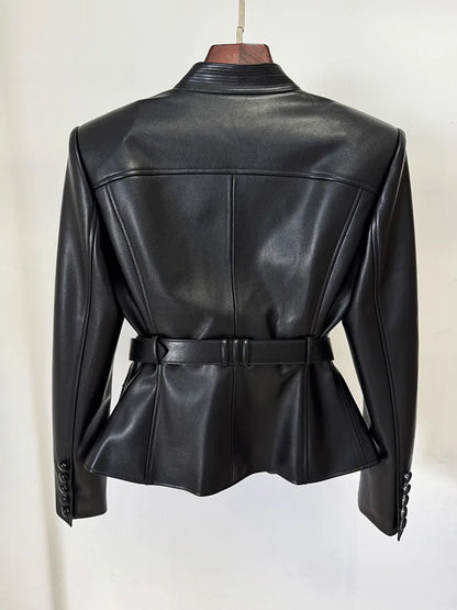 2025 new luxury and fashionable women's clothing belt slim fit leather jacket with multiple pockets motorcycle jacket jacket
