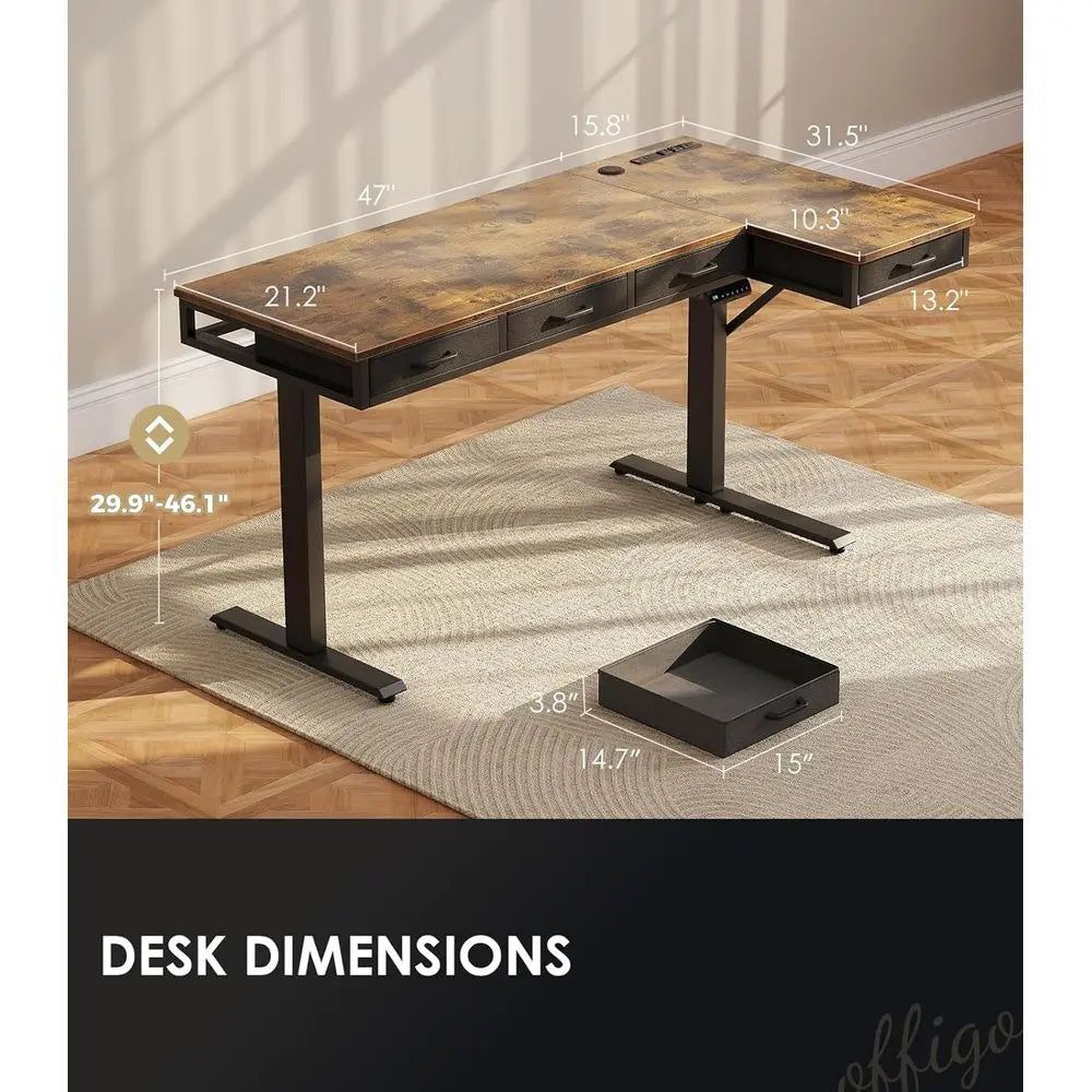 63 L-Shaped Electric Adjustable Desk with Power Outlets, Large Sit-Stand Workstation, Rustic Brown