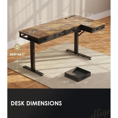 63 L-Shaped Electric Adjustable Desk with Power Outlets, Large Sit-Stand Workstation, Rustic Brown