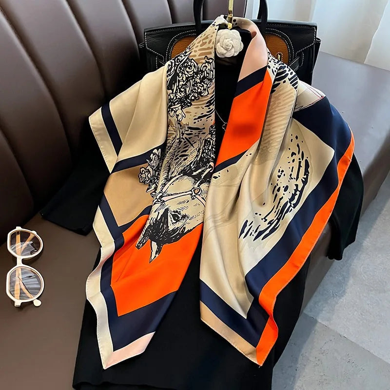 Luxury2025Square Silk Scarf for Women 90*90Hijab Hair Bands Neckerchief Female Satin Shawl Ribbon Headband Fashion Wraps