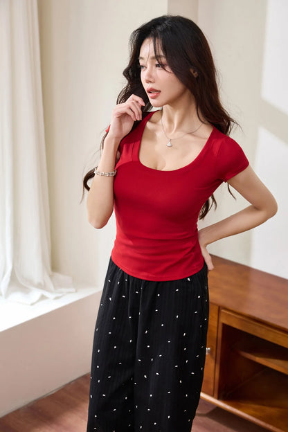 Cotton short sleeved women's T-shirt for summer, slim fit and slimming, versatile waist design, front shoulder, U-neck