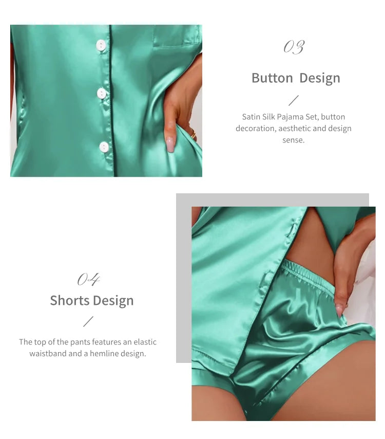 Women's Satin Pajama Set Summer Sleepwear Loungewear Short Sleeve Lapel Top & Shorts Pyjamas Button Home Clothes Pajamas Pjs Set