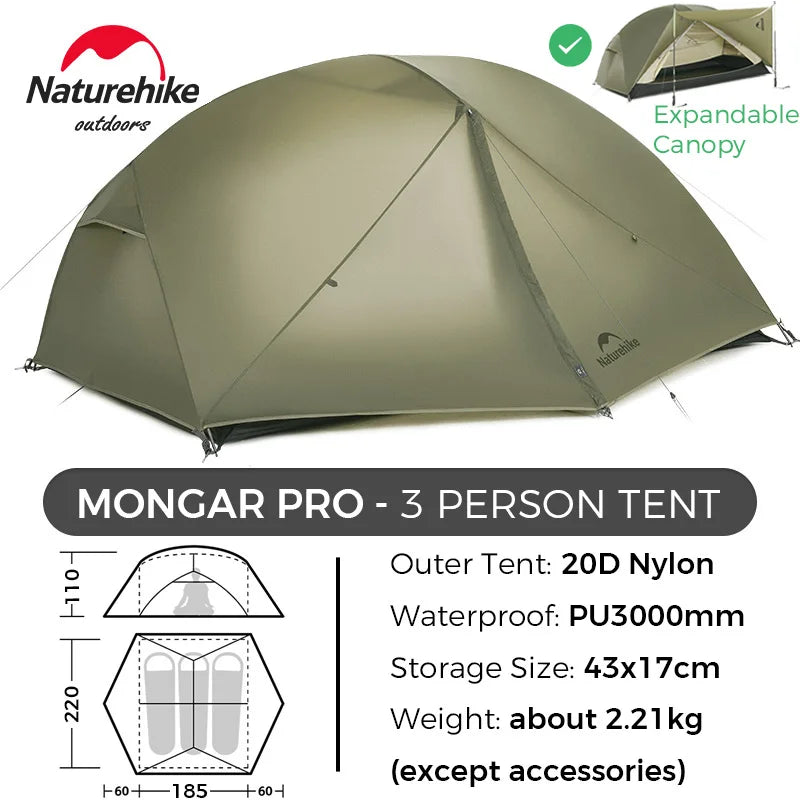 Naturehike Mongar 2 UL/PRO 1-2 Person Backpacking Tent Nylon Waterproof Ultralight Travel Trekking Shelter Tent with Footprint