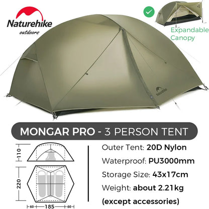 Naturehike Mongar 2 UL/PRO 1-2 Person Backpacking Tent Nylon Waterproof Ultralight Travel Trekking Shelter Tent with Footprint