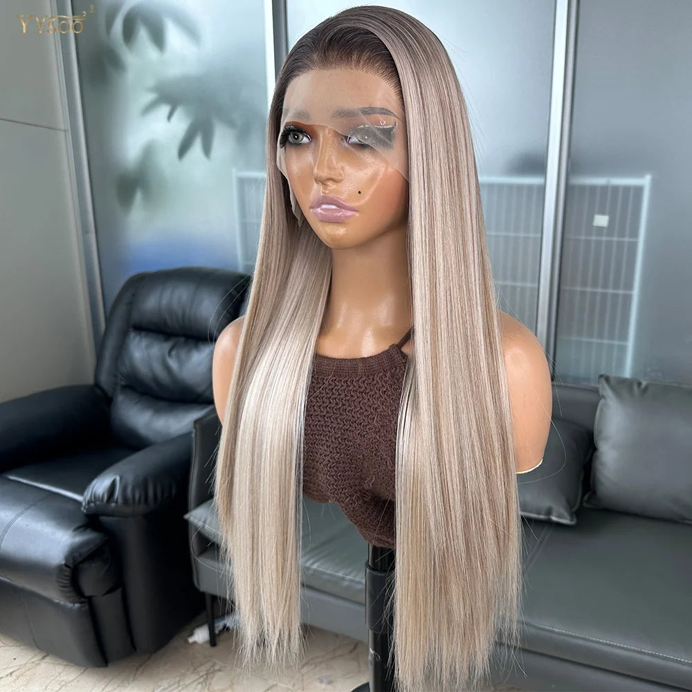 Long Heat Resistant 13x6 Synthetic Lace Front Wig Japan Futura Hair Ombre Highlights Silky Straight Hair Pre Plucked Hairline