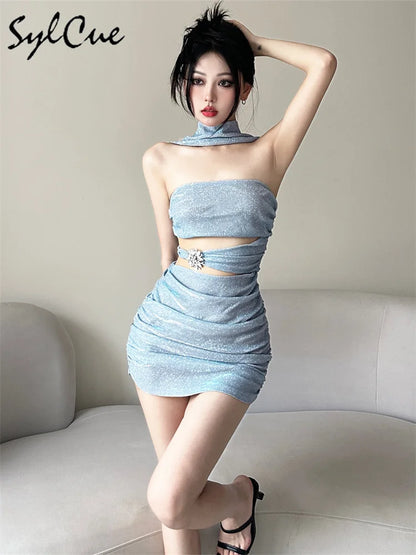 Sylcue Solid Color Flash Hollow Summer Bachelor Party Sexy Mature Beautiful Confident Tight Hot Cool Women's Halter Dress