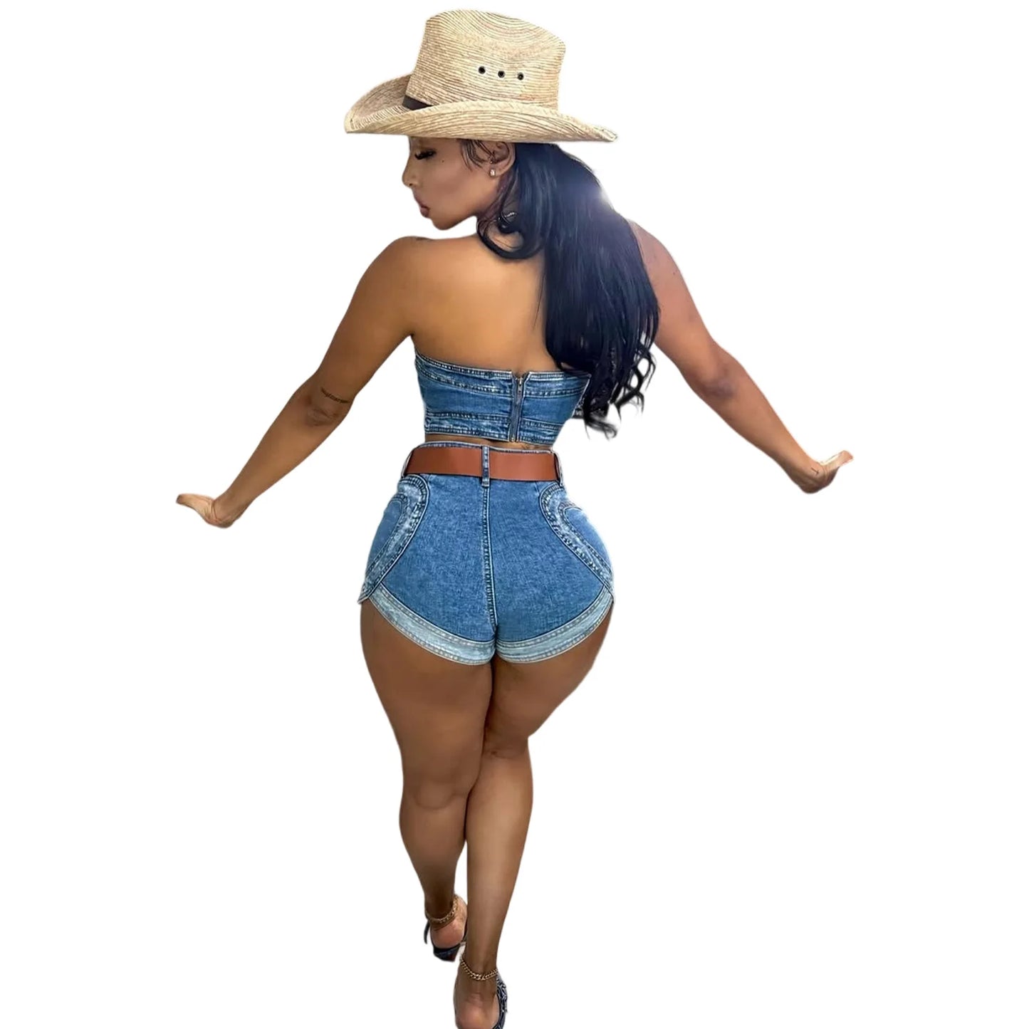 Denim Short Sets Women Strapless Tops Sexy Two Piece Set Y2k Streetwear High Street Jeans Shorts Lady Slim Fit Sleeveless Summer