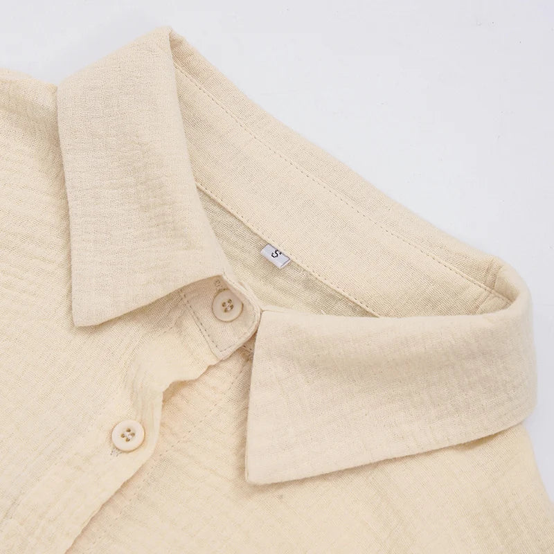 100% Cotton Gauze Muslin Sets For Women 2 Pieces Long Sleeve Shirts And Loose High Waist Mini Shorts Sets Ensemble Femme