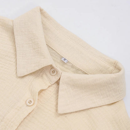 100% Cotton Gauze Muslin Sets For Women 2 Pieces Long Sleeve Shirts And Loose High Waist Mini Shorts Sets Ensemble Femme