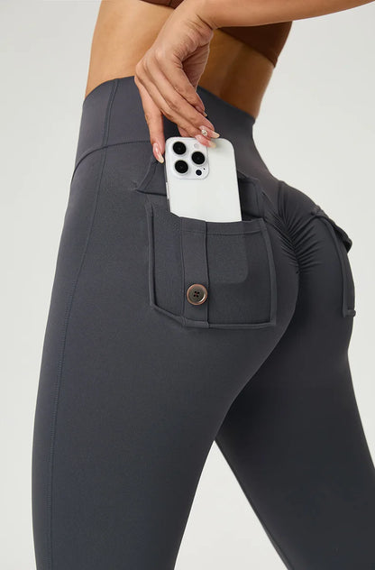 Women's Flared Pants Yoga Leggings Bell-bottoms Tight Elastic Breathable Sports Pants Back Waist Pockets Womens Clothing