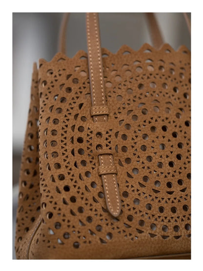 New Advanced Leather Tote Shopping Bag Wave Hollow out Basket Retro Suede Single Shoulder Slant Cross Mother Baby Bag