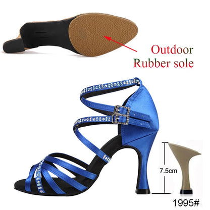 New Latin Dance Shoes Salsa Tango Ballroom Party Women's Shoes High Heeled Rhinestones Bronze Blue Girls Summer Sandals Outdoor