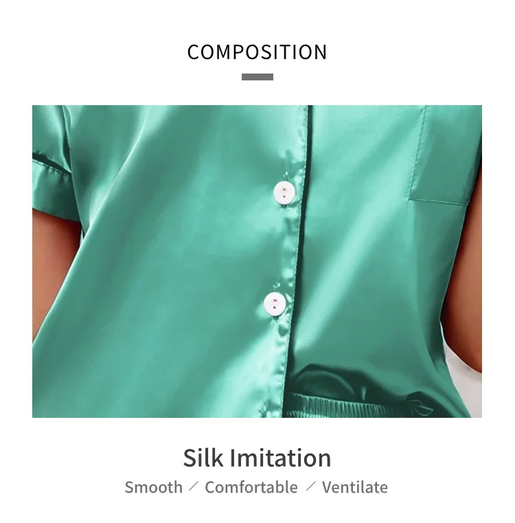 Women's Satin Pajama Set Summer Sleepwear Loungewear Short Sleeve Lapel Top & Shorts Pyjamas Button Home Clothes Pajamas Pjs Set