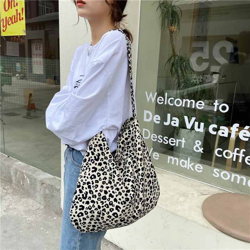 Women's Shoulder Bags Leopard Print Flower Fashionable Trendy Canvas Cross Bags Large Capacity Portable Shopping Shoulder Bags