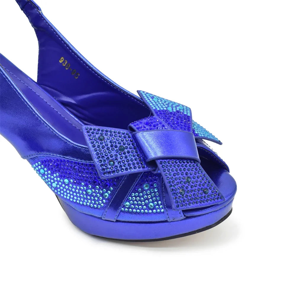 New Design Blue Color Matching Bag and Shoes for Ladies Wedding Luxury Rhinestone Elegant Woman Heeled Shoes for Wedding