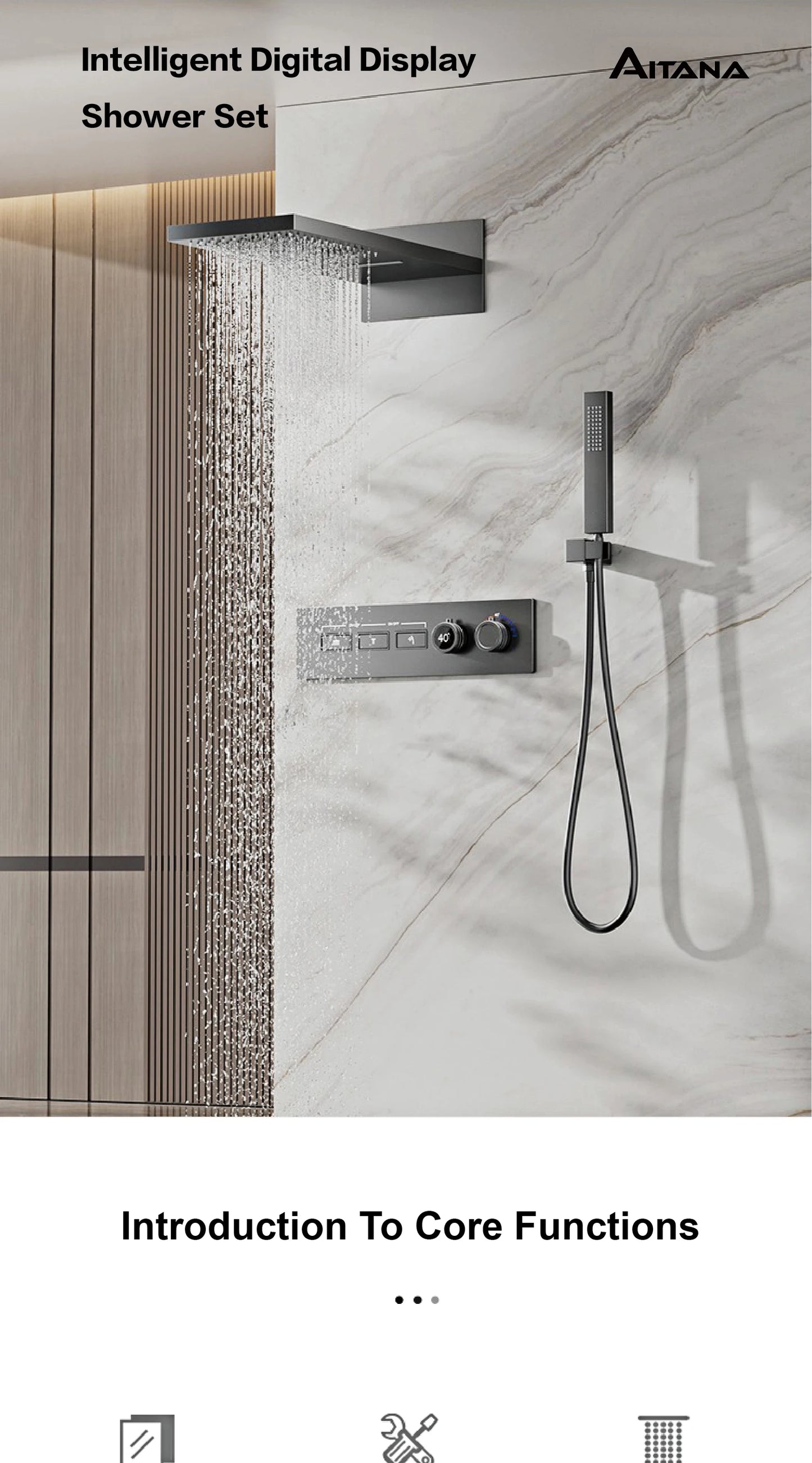 Luxury brass gun gray wall mounted shower system, wall mounted design with constant temperature LED digital display bathroom Tap