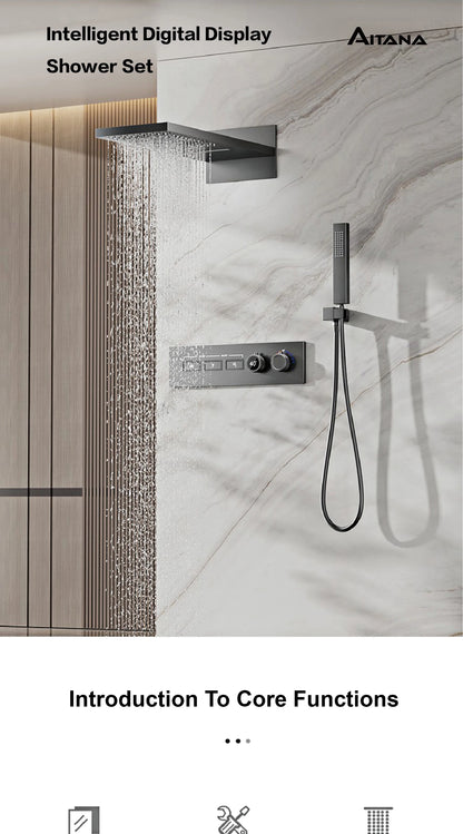 Luxury brass gun gray wall mounted shower system, wall mounted design with constant temperature LED digital display bathroom Tap