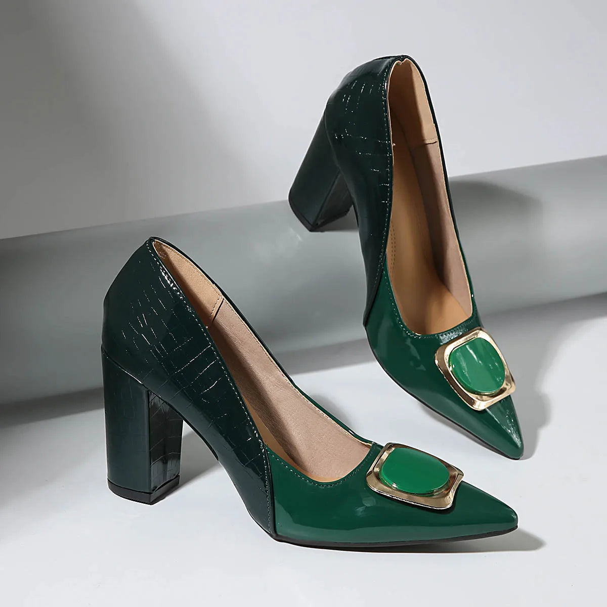Large Size Fashion High Heels for Women, Thick Pointed Work Shoes, Metal Square Buckle Women's Shoes for One Foot
