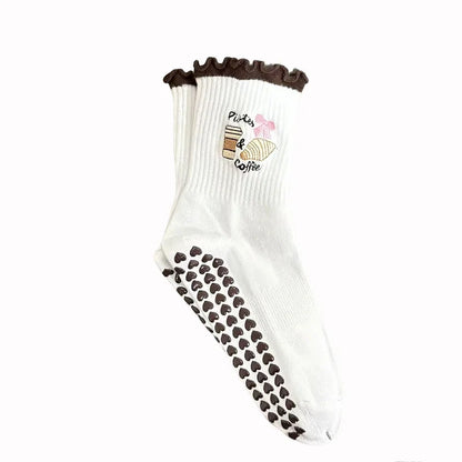 European sizes 36-43, 1 Pair of Heart-Shaped Lace Embroidered Yoga Socks, Mid-Calf Length, for Women