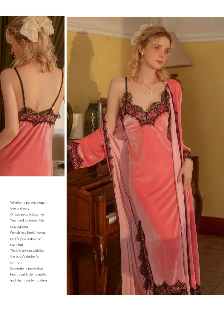REBEYULI Brand Sexy Sleepwear Women 2026 Autumn Lace Sweet Solid Night Dress Long Soft Comfortable Velvet Robe Gown Sets Women