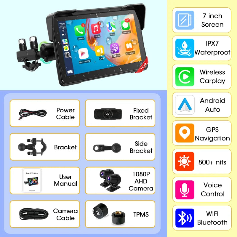 7 inch Motorcycle CarPlay Screen With TPMS GPS for Moto Navigation Display Screen Android Auto Digital Motorcycle Dashboard BT