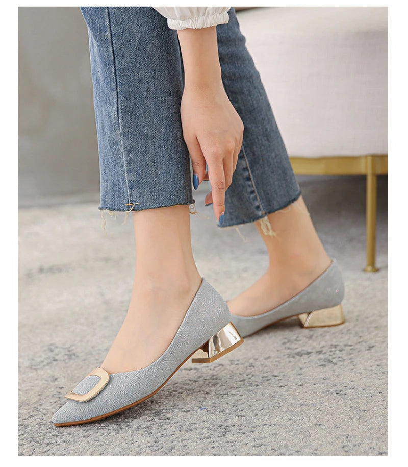 Womens Light Blue Glitter Pointed Toe Block Heel Pumps With Gold Square Buckle Detail Metallic Heel Elegant Dress Shoes Ladies