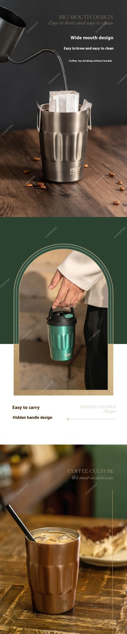 400/500ML Tyeso Vintage Coffee Mug Portable Steel Insulated Travel Cup Convenient Handheld 304 Stainless Thermos for On-the-Go