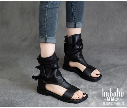 Birkuir High Top Open Toe Sandals For Women Summer Boots Luxury Hollow Out Beach Sandals Genuine Leather Flats Shoes Ladies