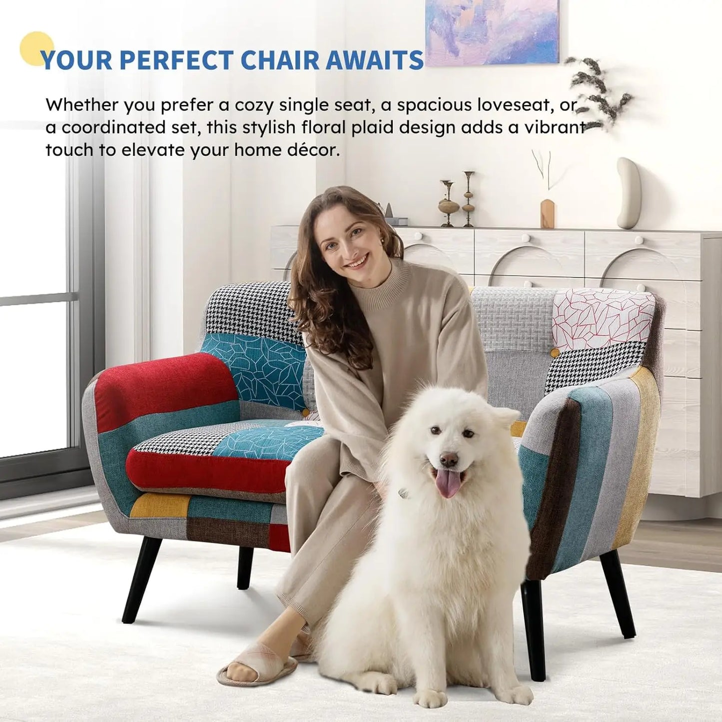 Modern Boho Loveseat Couch Sofa Chair for Living Room Bedroom, Upholstered Colorful Plaid Fabric 2-Seat Love Seat, Customized