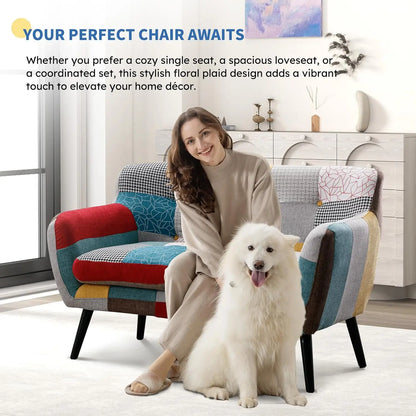 Modern Boho Loveseat Couch Sofa Chair for Living Room Bedroom, Upholstered Colorful Plaid Fabric 2-Seat Love Seat, Customized