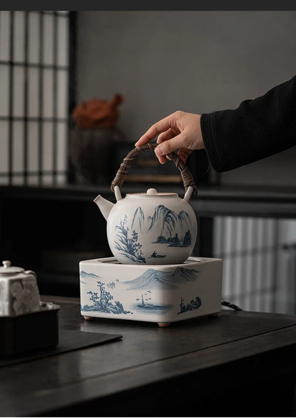 Retro Soda Glaze Ceramic Teapot Hand-painted Landscape Lifting Beam Pot Boiling Water Side Handle Kettle For Electric Stove