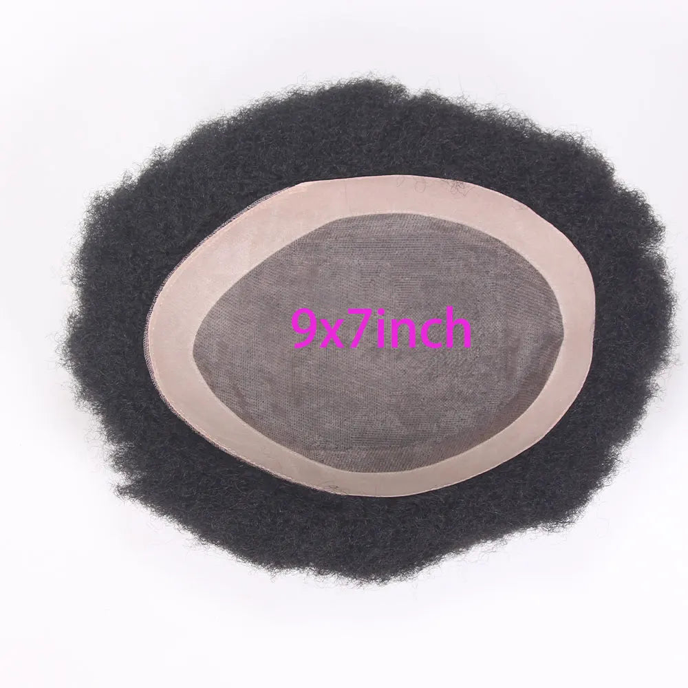 Afro Black Mens Toupee 4MM Man Wigs100% Human Hair African American Systems Afro Curly Hair pieces Replacement 1#Jet black 8x10"