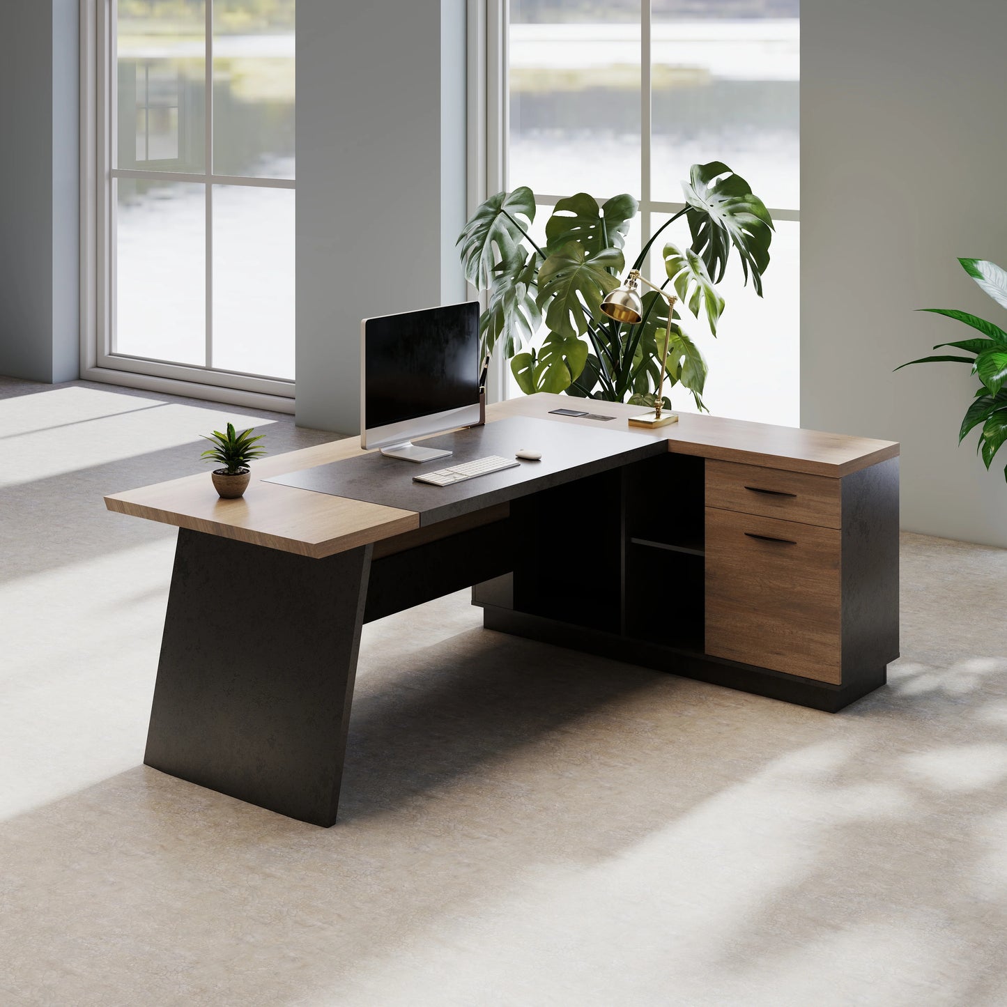 78.74" L-Shaped Executive Desk Large Office Desk w/Drawers & Storage Shelves Business Workstation for Home Office