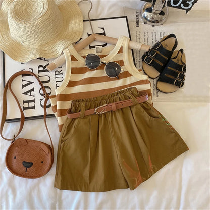 Bear Leader Girls Fashionable and Casual Set 2023 Summer Thin Children's Stripe Suspender Tank Top Shorts Two Piece Set Clothes