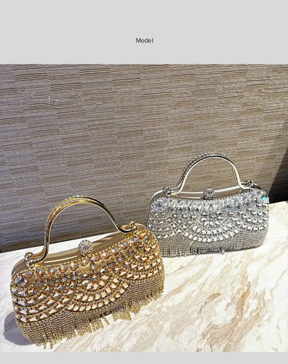 Diamond Evening Clutch Bag Golden Tassel Handbag Boutique Novelty Metallic Rhinestone Purses And Handbags Bridal Wedding Party