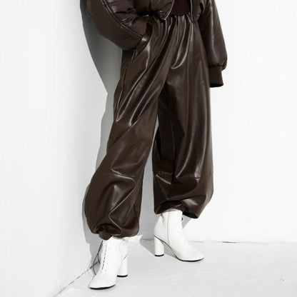 Autumn Women Pu Leather Elastic Waistband Lantern Pants Lady Casual Loose Shiny PU Trousers Trend Fashion Street Long Pants 2025