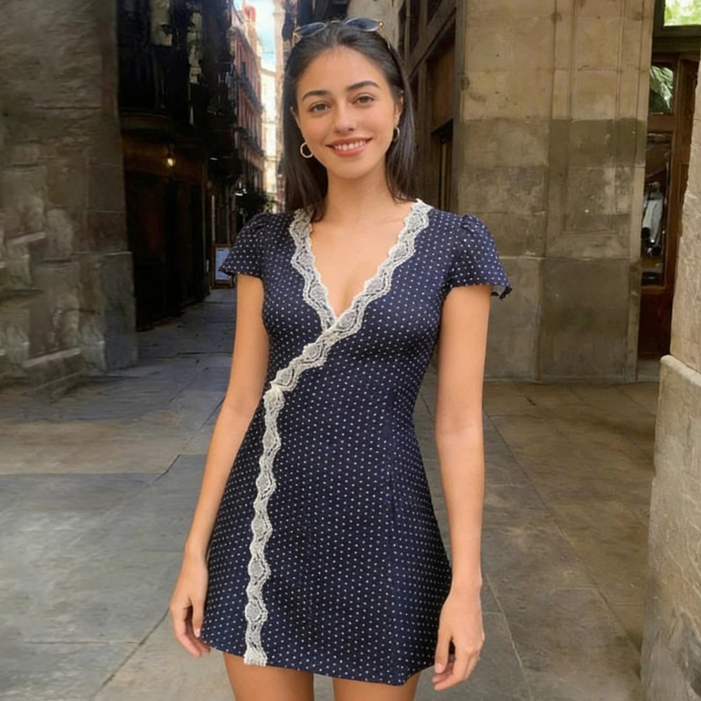 [RUOKE] French Elegant Street Dress Women Polka Dot Dress Sexy Lace Trim V Neck Mini Dress A-line Summer Casual Daily Outfit Y2K