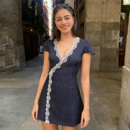 [RUOKE] French Elegant Street Dress Women Polka Dot Dress Sexy Lace Trim V Neck Mini Dress A-line Summer Casual Daily Outfit Y2K