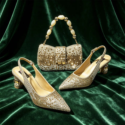 Hot Fuchsia Full Rhinestone Slingback Heels Matching Clutch Bag Set Women Luxury Crystal Pointed Shoes for Wedding Evening Party