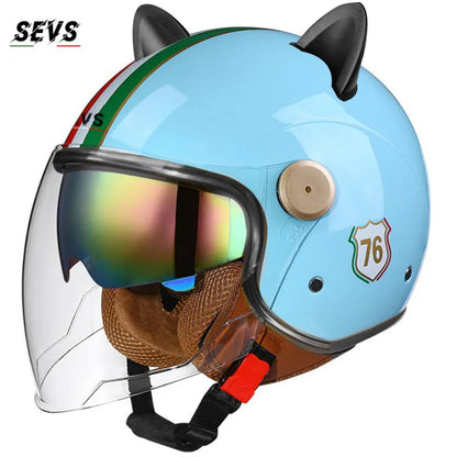 Motorcycle Helmet Retro 3C & DOT Certified Half Face ABS Helmet Dual Visor Hidden Sun Shield Removable Cute Cat Ears